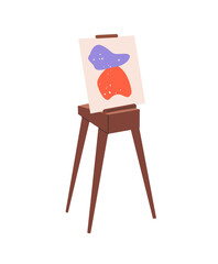 Wooden easel with contemporary artwork stands in art class. Colored painting picture on vertical canvas for exhibition. Artistic drawing tool. Flat isolated vector illustration on white background © Paper Trident