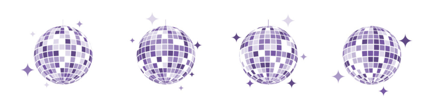 Set of purple discoballs with blings. Retro music party shining spheres. Glitterballs shapes. Mirror balls for nightclub discotheque in 70s 80s 90s vintage style. Vector flat illustration