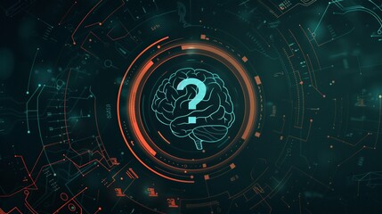 The image is a glowing blue and orange brain on a dark blue background with a question mark in the center of the brain