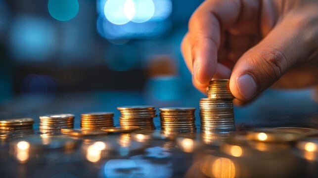 picture of man putting stack of coins into one row