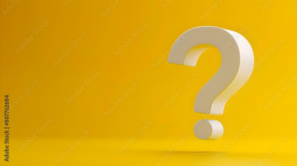 Poster bright yellow background with a white question mark centered. conceptual image of inquiry and curios