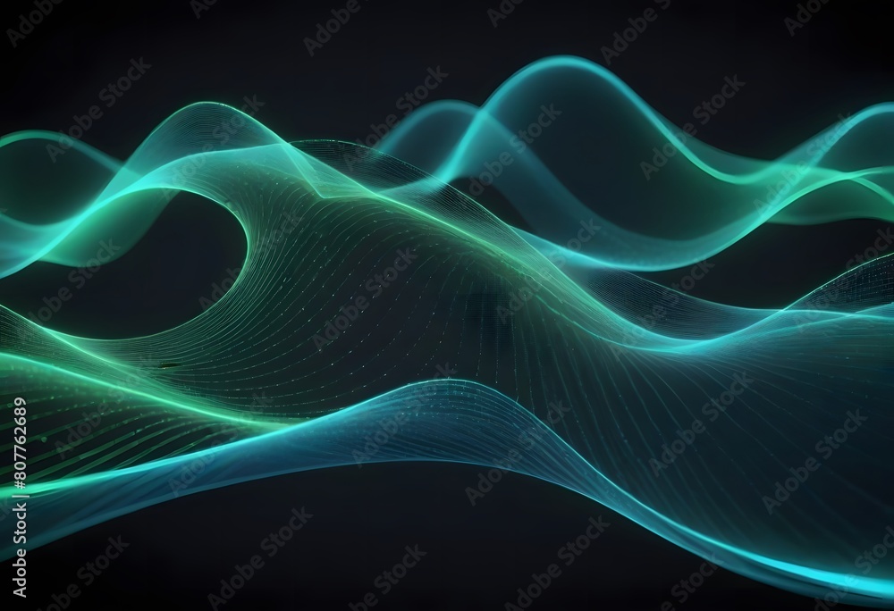 Poster digital cyberspace futuristic, green and blue color particles wave flowing with lines and dots conne