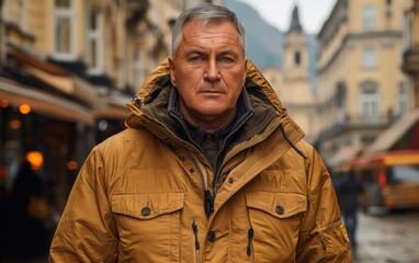 Fototapeta premium A man in a brown jacket stands in the rain. He looks tired and unhappy. The scene takes place in a city with many buildings and people