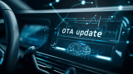 Over the air firmware update in automotive industry with a car cluster showing an over-the-air or OTA update on the screen