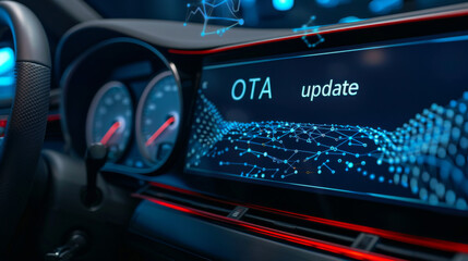 Over the air firmware update in automotive industry with a car cluster showing an over-the-air or OTA update on the screen