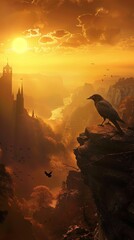 AI generated illustration of a bird perched on a cliff gazing down at a castle below