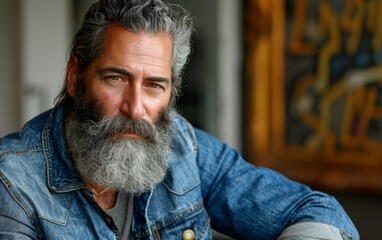 Fototapeta premium A man with a beard and long hair is sitting in a blue jacket. He has a serious expression on his face