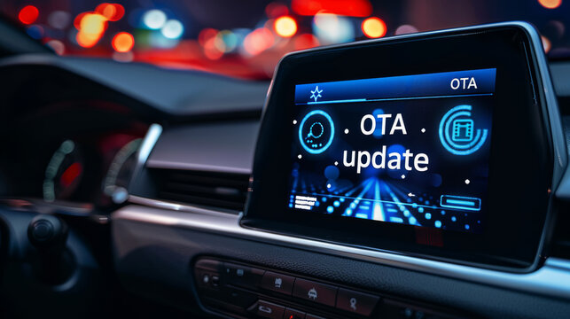 Over the air firmware update in automotive industry with a car cluster showing an over-the-air or OTA update on the screen