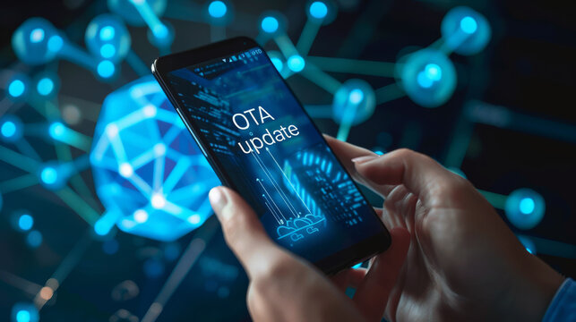 Over the air firmware update in smartphone industry with a smart phone screen showing an over-the-air or OTA update on the device