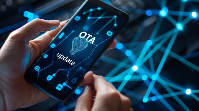 Over the air firmware update in smartphone industry with a smart phone screen showing an over-the-air or OTA update on the device