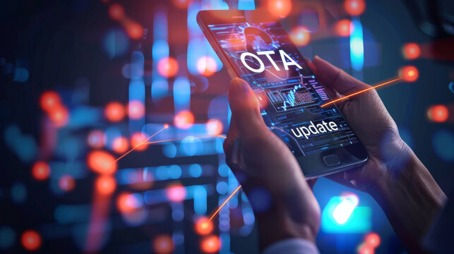 Over the air firmware update in smartphone industry with a smart phone screen showing an over-the-air or OTA update on the device