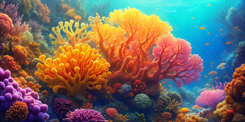 A vibrant underwater scene filled with various types of colorful coral and marine life.