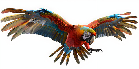 Scarlet macaw parrot flying isolated on white background, Macaw flying with its wings spread