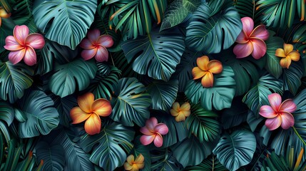Tropical Elegance Flowers Amidst Lush Green Leaves