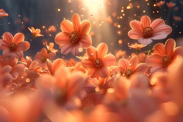 Enchanting Orange Flowers with Magical Golden Sparkles at Sunset