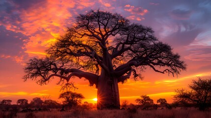 A majestic baobab tree stands tall against the backdrop of an African sunset, its branches reaching towards the sky with leaves that resemble elephant trunks. 