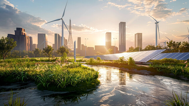 Green city with renewable sustainable energy solution technology concept. Panorama background nature scene with turbine, modern building urban with fresh sky background in beautiful sunset backlight.