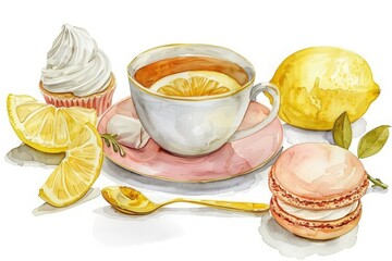 Watercolor traditional cup of tea, lemon, macaroon biscuit, gold spoon, meringue, illustration isolated on white background