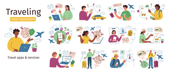 Fototapeta premium Tourists planning trip set, set of traveling compositions, characters booking flight, hotel, travelers scenes collections, vector illustrations of vacation insurance, mobile apps, services for journey