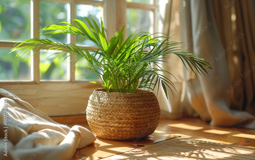 Poster a row of potted plants sit on a wooden floor in front of a window. the plants are of various sizes a