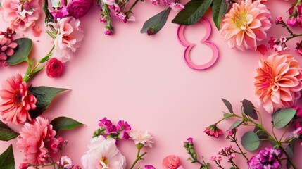 A frame of flowers on a pink background with the number 8 in the middle. Women's Day. 