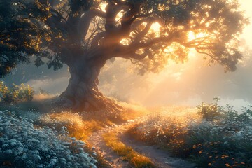 Enchanting Sunrise Through the Misty Forest Path with Majestic Tree