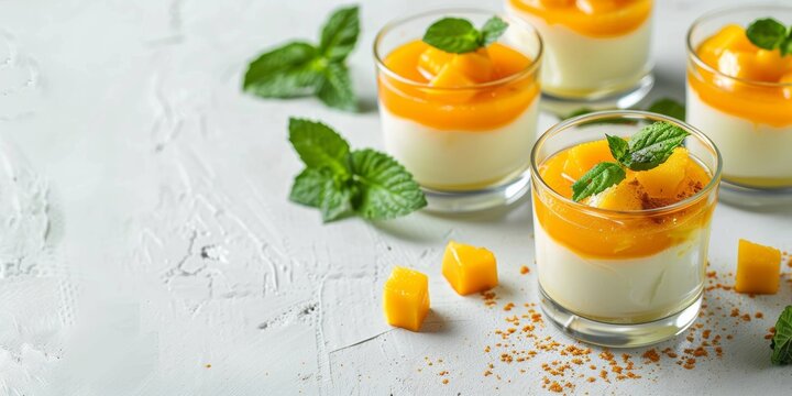 Mango panna cotta on transparent glasses on a white simple background with space for text