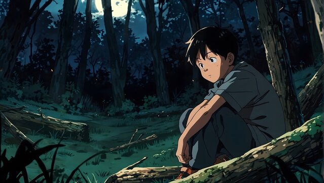 A sad boy sits alone in a dark forest, remote location looking for help, kidnapped boy, International Missing Children's Day
