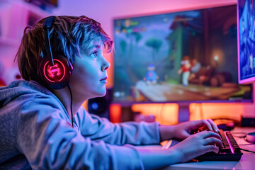 Obraz premium Child in a gaming headset intensely focused while playing a video game on a PC in a room with ambient neon lighting.