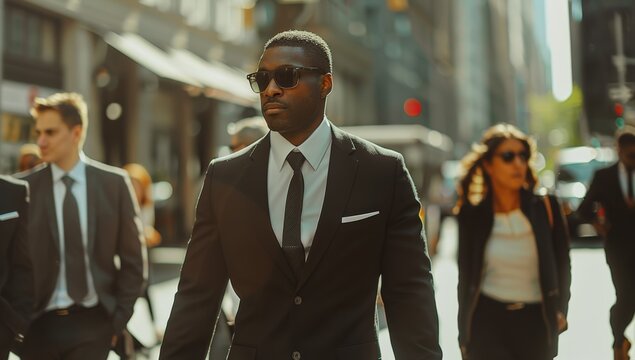 A handsome African American businessman wearing sunglasses and a black suit is walking in the street with  men and  woman also dressed as security guards 