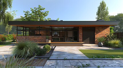 A contemporary house with a flat roof and a garage with a sliding glass door,