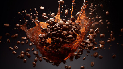 Explosive coffee beans floating in the air