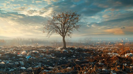 Bare tree in a polluted landscape, highlighting the degradation of natural habitats due to human activities.