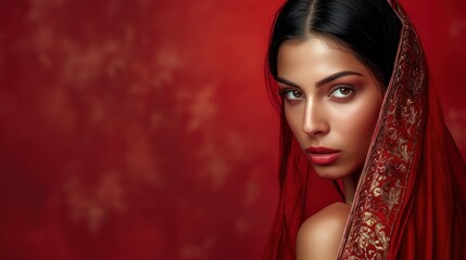 Beautiful amazing India woman on studio background. Copy Space.