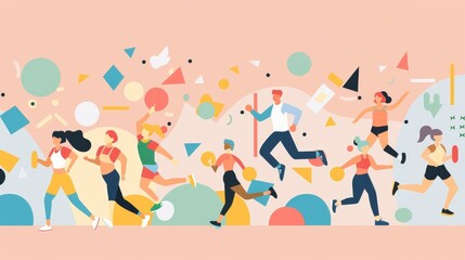 A group of people running in a colorful, abstract background. Concept of energy and movement, as well as a feeling of unity and camaraderie among the runners. The use of bright colors - Powered by Adobe