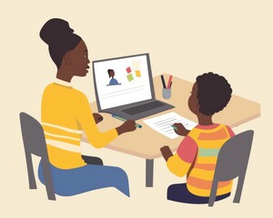 A woman is helping a child with a laptop. The woman is wearing a yellow shirt. The child is sitting on a chair