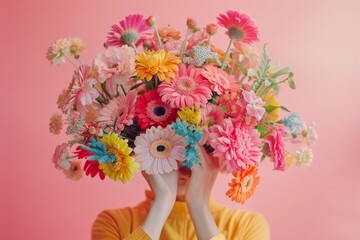 A woman is wearing a yellow shirt and holding a bouquet of flowers in her hands. The flowers are a mix of pink and yellow, and they are arranged in a way that covers her face