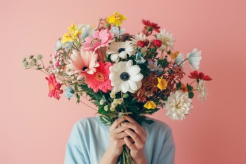 A woman is holding a bouquet of flowers in her hand. The flowers are a mix of different colors and types, creating a vibrant and lively atmosphere