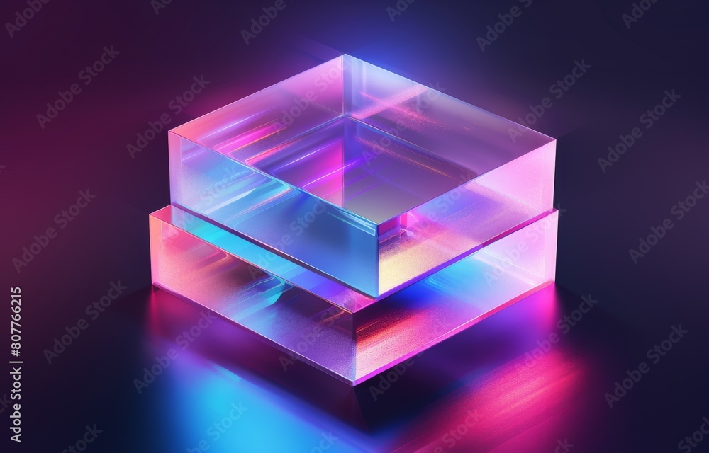 Poster a square made of clear plastic with a blue and purple hue. the square is illuminated by a light sour