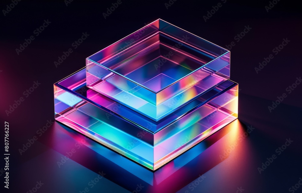 Poster a stack of colorful glass cubes with a blue cube on top. the cubes are illuminated and appear to be 