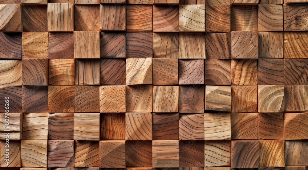 Poster a wooden wall with many wooden blocks. the blocks are of different sizes and shapes. the wall has a 