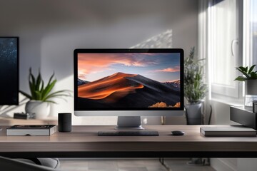 Fototapeta premium A computer monitor is on a desk in a room with a view of a mountain. The computer is turned on and the screen is lit up
