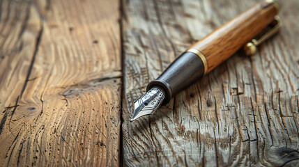 An elegant fountain pen resting on a textured, weathered wooden surface, highlighting the blend of sophistication and rustic charm.