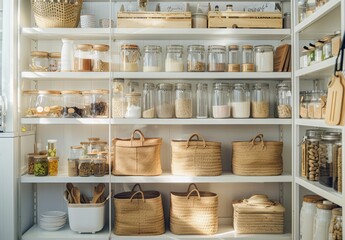 A pantry with many jars and baskets of food. The pantry is filled with many different types of food, including nuts, spices, and other pantry items - Powered by Adobe