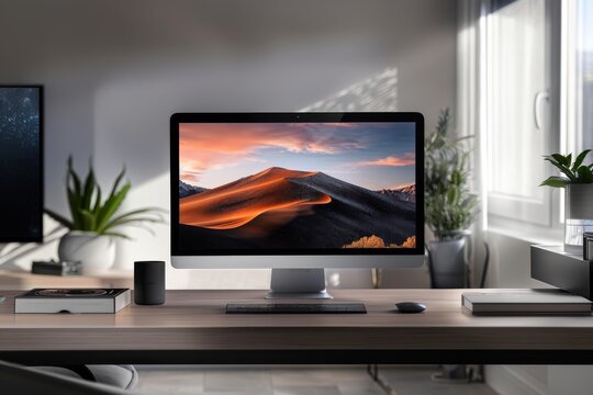 A computer monitor is on a desk in a room with a view of a mountain. The computer is turned on and the screen is lit up