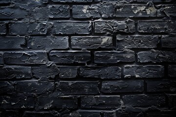 A black brick wall with a lot of cracks and holes. The wall is old and worn out