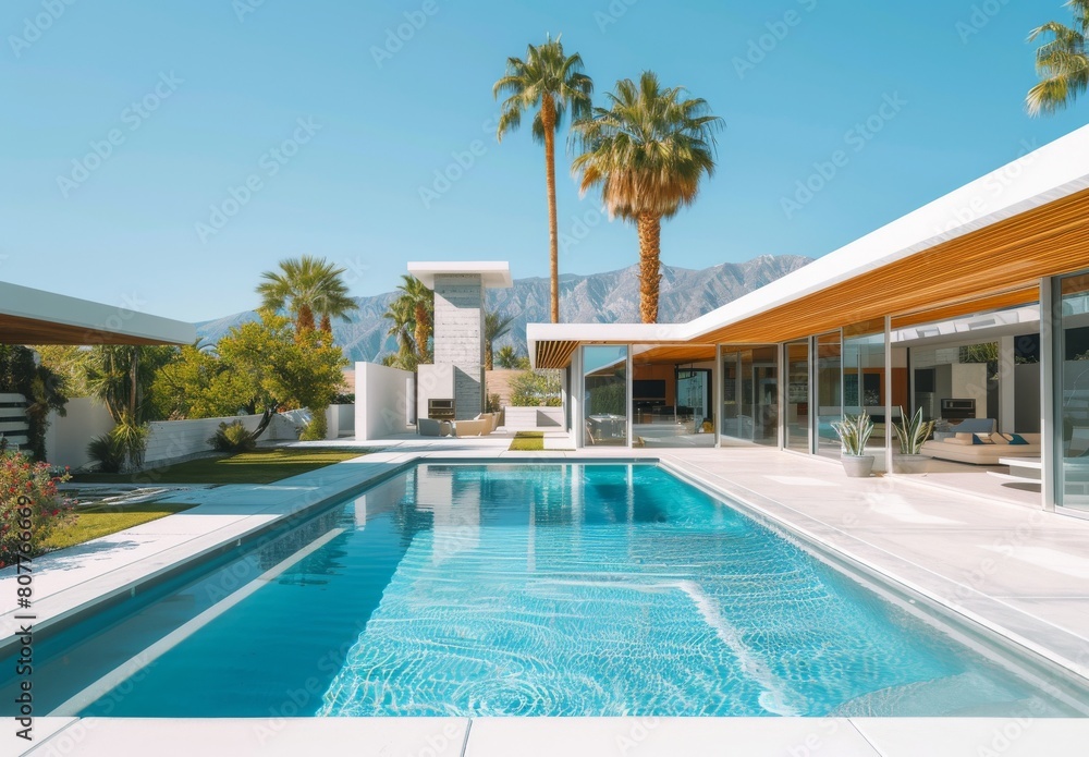 Poster a large pool with a white house in the background. the pool is surrounded by palm trees and has a wh