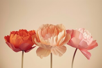 Three pink flowers are standing next to each other. The flowers are of different sizes and are arranged in a row. The background is a light color, which gives the flowers a sense of depth