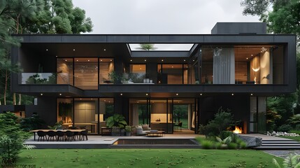 A modern house with black walls, wooden windows and doors, a large terrace on the first floor ,...