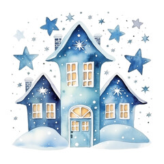 Watercolor blue house covered in snow with stars isolated on white background.